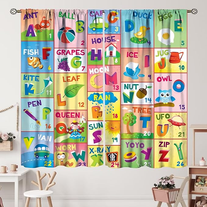 Colorful ABC Classroom Nursery Curtains Kids Alphabet Learning Baby Boys Girls Curtain with Rod Pocket for Children Toddler Playroom Home Drapes Window Treatments 2 Panels Set 63" W X 72" L