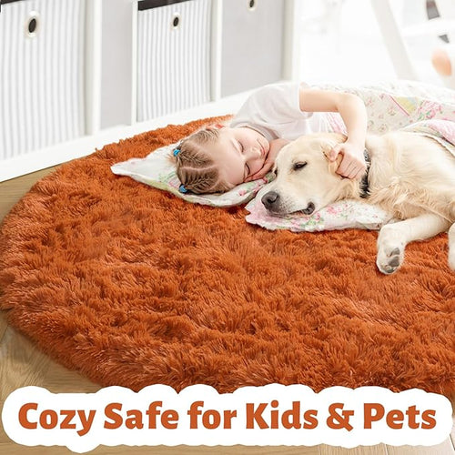 Amdrebio Burnt Orange Round Circle Rug 5Ft for Bedroom Living Room, Fluffy Fuzzy Shaggy Furry Area Rugs for Kids Room Decor Aesthetic, Cute Plush Shag Dark Orange Carpet for Nursery Dorm Classroom