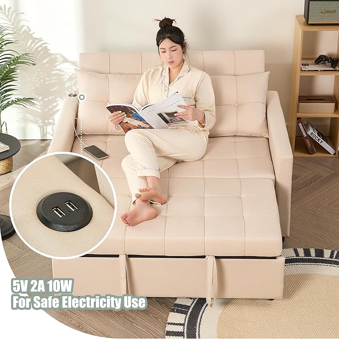 52" Sleeper Sofa with Pull-Out Bed, 3-in-1 Convertible Sofa Bed, Loveseat with Stepless Adjustable Backrest and Side Pocket, for Living Room Dorm Apartment, Linen, Beige