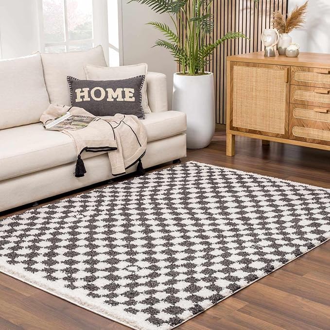 Hauteloom Kieu Contemporary Checkered Fluffy Shag Area Rug - Modern Geometric Soft Carpet Tiles for Living Room, Kids Room, Nursery - Black, White - 5'3" x 7'