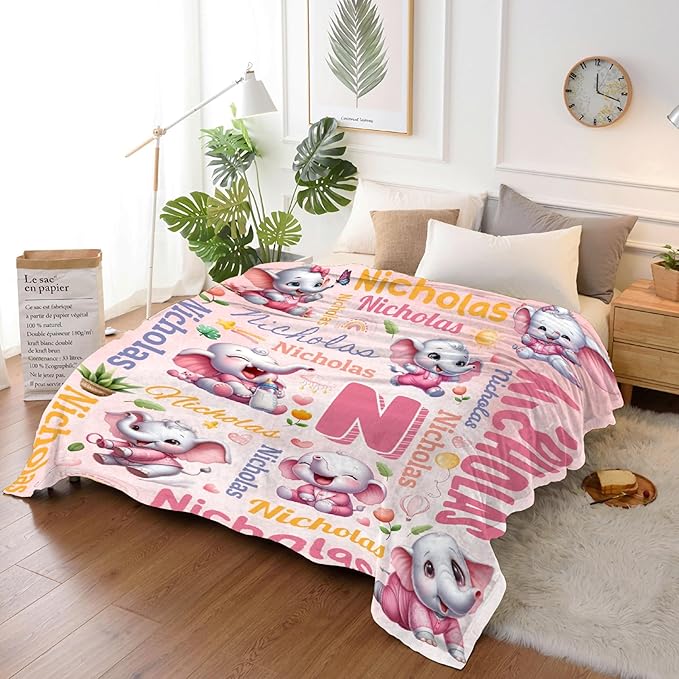 Personalized Custom Pink Elephant Blanket Gifts for Kids Boys Girls with Name - Customized Pink Elephant Super Soft Lightweight Flannel Sheets Decor for Crib Nap Couch - 50"x60" for Teens