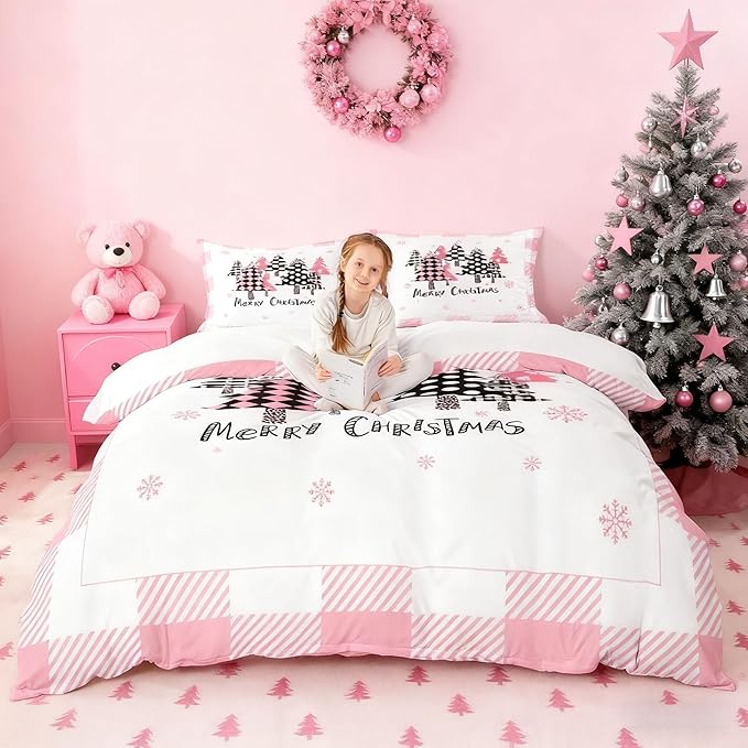 Merry Christmas Duvet Cover Set Full Size, Pink Plaid Xmas Trees Bedding Set 3pcs, New Year Holiday Quilt Cover with Zipper Closures, Kids Girls Santa Claus Room Decor, 2 Pillowcases, No Comforter