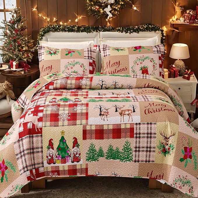 Christmas Bedding Set Queen Christmas Quilt Bedspread,Gnome Santa Claus Plaid Patchwork Xmas Quilt Set Bedding Holiday Christmas Quilts Decor Gift Elk Pattern Lightweight Reversible Bedspread Coverlet