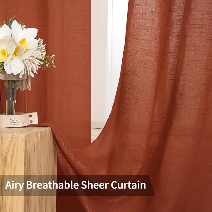 MIULEE Burnt Orange 2 Panels 84 Inch Long Farmhouse Linen Sheer Window Curtains Elegant Terracotta Rust Fall Autumn Drapes Grommet Top Linen Textured Voile for Bedroom Living Room (52 X 84 Inch)