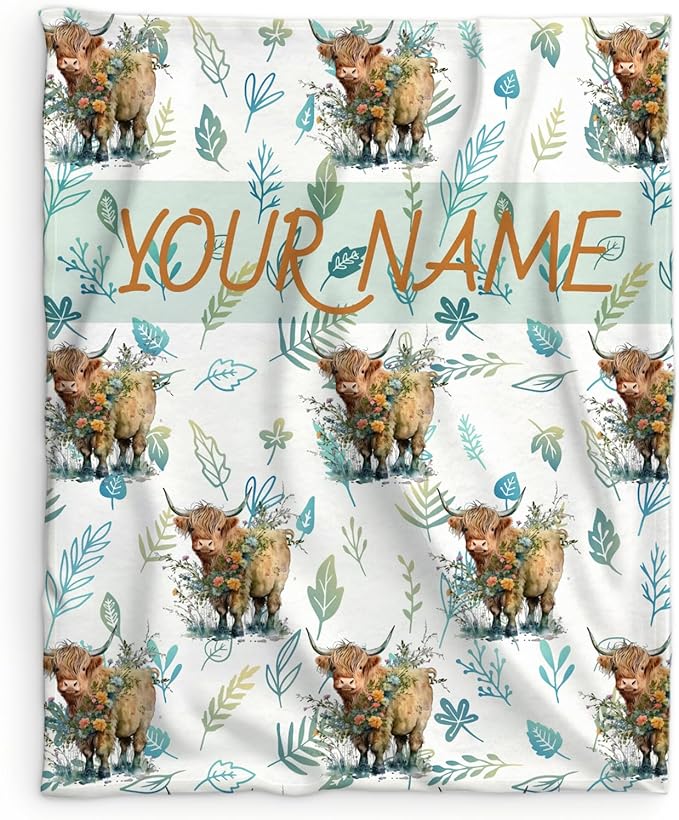 Personalized Highland Cow Blanket Gifts for Kids Boys Girls, 40x30 Inches Cute Throw Blanket for Highland Cow Lovers, Custom Soft Fuzzy Blankets for Lap Chair Travel