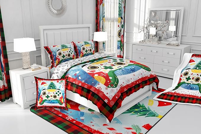 Gamer Gaming Comforter Set Twin Size,Christmas Tree Snowflake Bedding Set for Kids Boys Girls Room Decor,Video Games Christmas Theme Quilt Set 2Pcs,Red Green Plaid Xmas Duvet Insert,1 Pillowcase