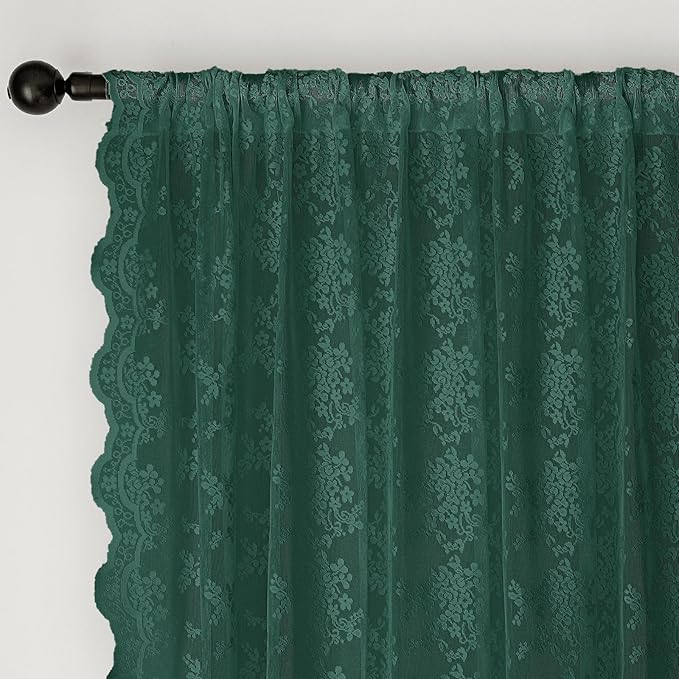 Anmao Vintage Lace Curtains 108 Inches Long 2 Panels, Romantic Semi Sheer Floral Lacy Curtain for Living Room, Elegant Window Drapes for Bedroom, Each Panel 55W x 108L, Turquoise