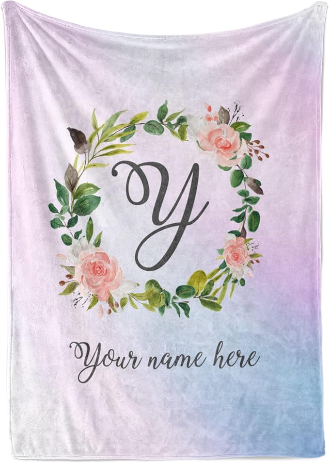 Personalized Girls Throw Blanket with Custom Name | Plush Warm Fleece for Bedding or Decorative Room Decor | Cute Kids Bed Covers | Boho Monogram Flowers (Fleece, 60x80)