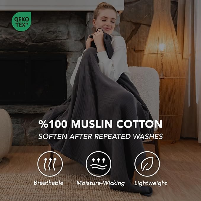 Goqan Muslin Blanket Queen 79x90 – 100% Cotton 4 Layer Boho Muslin Blanket for Adults, Lightweight, Soft, Breathable for Bed - Dark Grey