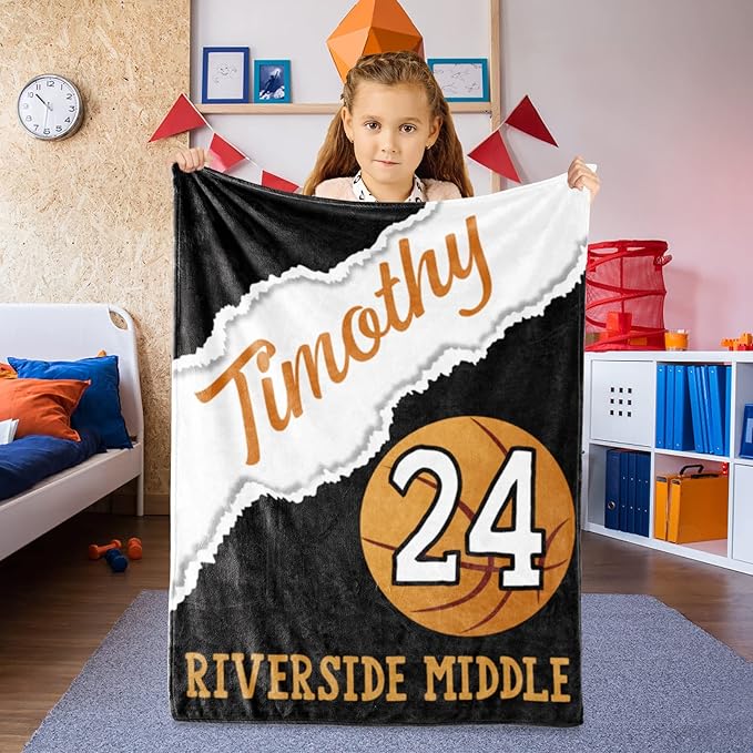 Custom Kids Soft Blanket: Personalized Gift for Basketball Football Soccer Softball Lovers Name and Number - Flannel Toddler Bed Blankets (50X60inch)