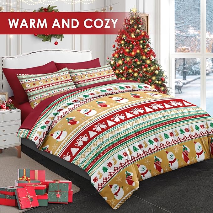 7 Pcs Full Size Christmas Comforter Set with 2 Pillowcases & 2 Shams, Cute Snowman Bedding for Kids and Adults, Snowflake Xmas Socks Bed in a Bag with Flat Fitted Sheet