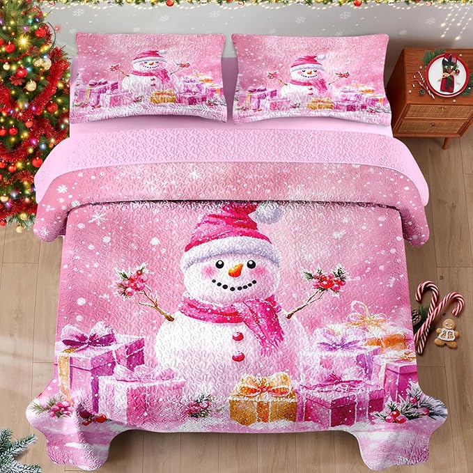 Christmas King Size Quilt Set, Pink Funny Snowman Lightweight Bedspread Coverlet with Pillow Shams for Kids and Adults, Surprise Gift 3 Pcs Bedding Bed Cover