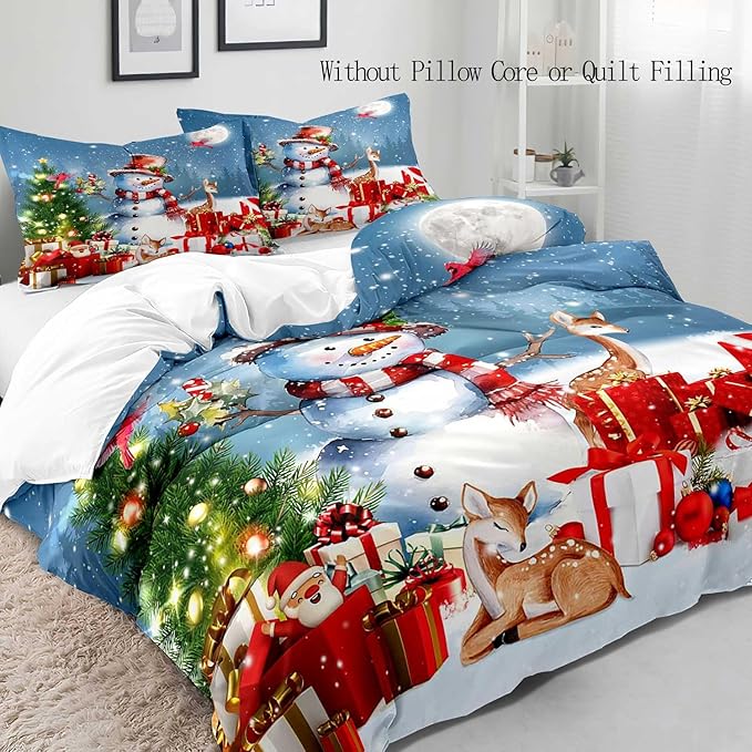 LUVIVIHOME 3PCS Cute Snowman Duvet Cover Full Bedding Set, Christmas Bedding, Santa Claus Deer Cardinal Christmas Tree Winter Holiday New Year Xmas Gifts Christmas Comforter Quilt Cover 2 Pillow Shams