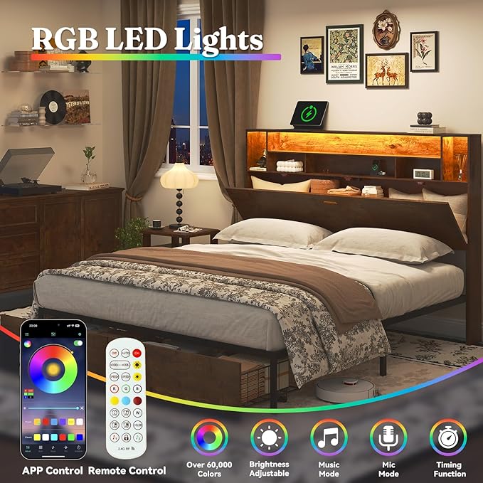 King Bed Frame with Headboard, LED Bed Frmaes with Bookcase Storage and Charging Station, Metal Platform Bed with 2 Storage Drawers, No Box Spring Needed, Brown