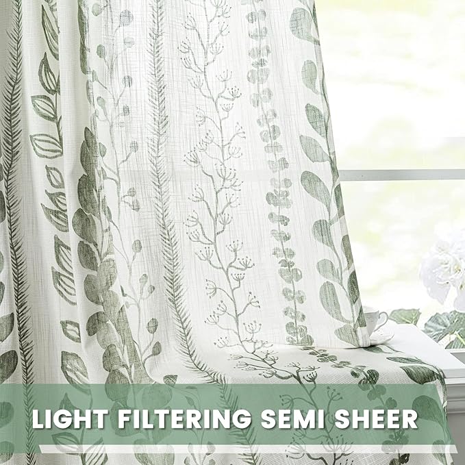 MEETSKY Sage Green Curtains 90 Inches Long 2 Panels Boho Curtains for Living Room Light Filtering Patterned Drapes for Bedroom Linen Style Back Tab Leaf Print Window Treatment, 50” Wide Each Panel