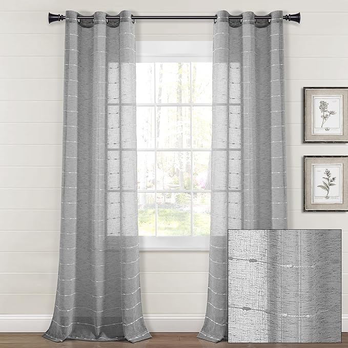 Lush Decor Farmhouse Textured Grommet Sheer Window Curtain Panel Pair, 38"W x 95"L, Dark Gray