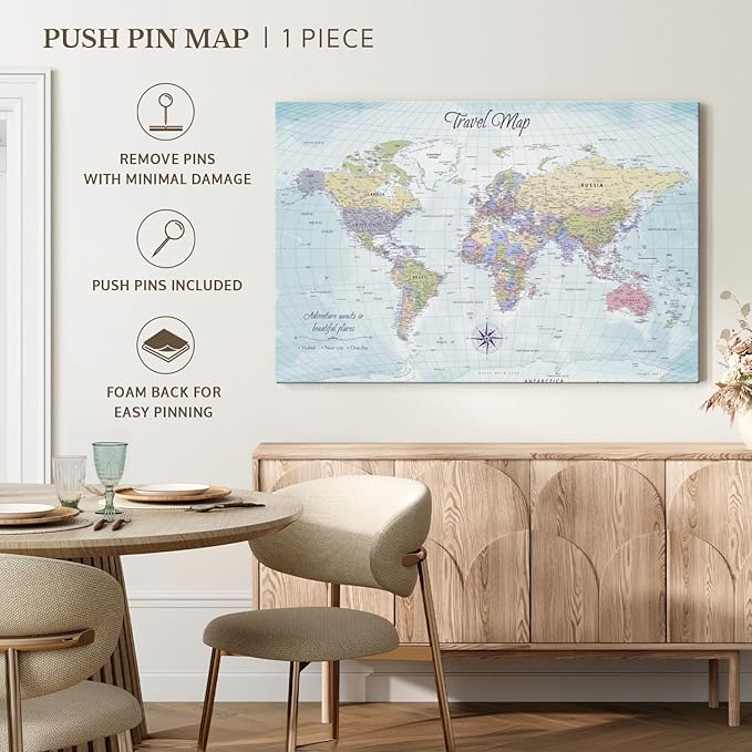 ElephantStock - Push Pin Travel Map World I Wall Art - Horizontal Canvas Wall Art - Living Room Wall Decor - Printmaking Map Canvas Art - Blue And Beige Decor - 51" x 34"
