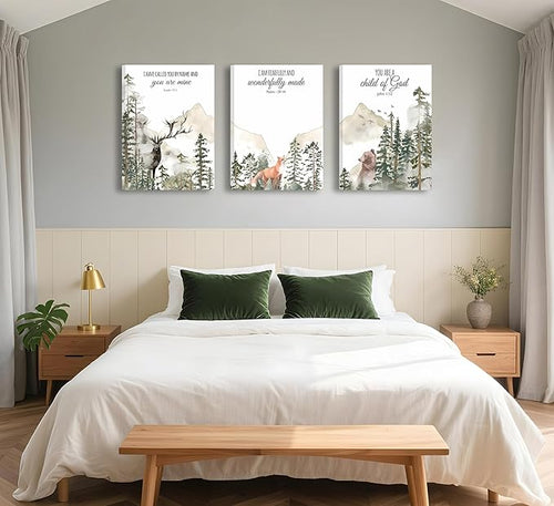 3pcs Framed Forest Animals Bible Verse Wall Art Misty Forest Deer Bear Fox Paintings Canvas Prints Poster Inspirational Quotes Pictures Wall Decor for Home Bedroom Nursery Baby Room Playroom Decor
