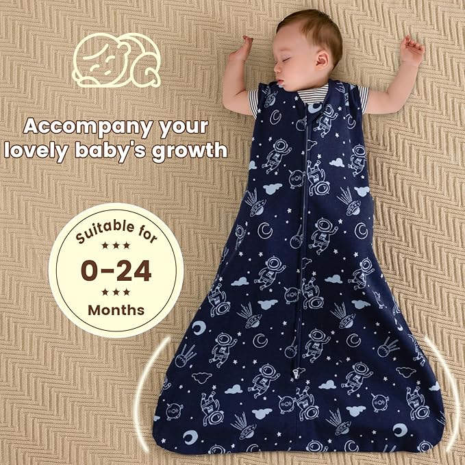 PHF Soft Baby Sleep Sack 0-6 Months 100% Organic Cotton Wearable Blanket, 2-Way Zipper 0.5 TOG Toddler Sleeping Sack 3 Pack, Comfy Sleep Bag for Baby Boys Girls, Navy Space (Small)