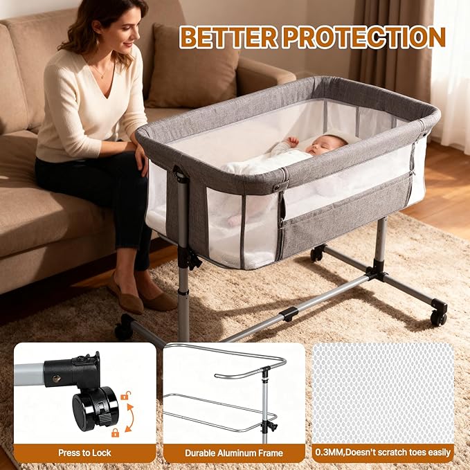 Bassinet Bedside Sleeper with Wheels, 5 Height Adjustable Baby Crib, 2-in-1 Baby Bedside Bassinet, Breathable Full Mesh & Mattress, Stable and Secure Bed for Newborn Infant