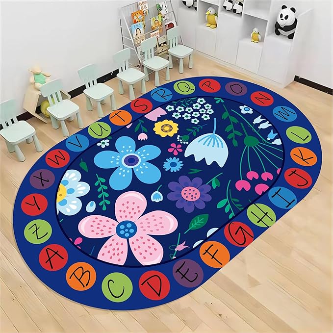 Kids Educational Oval Rug, 6x8ft, ABC Alphabet Learning Play Mat, Cute Colorful Flowers Plants Designs Rugs, Non-Slip Washable Carpet for Bedside Boys Girls Teens Room Nursery Decor Floor Mat