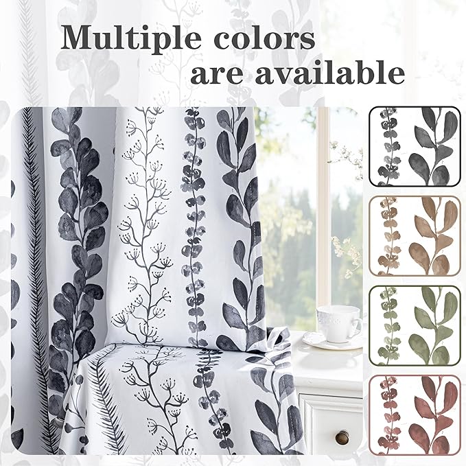 MEETSKY Boho Blackout Leaves Patterned Curtains 63 Inch Long 2 Panels Set for Bedroom, Room Darkening Dark Grey Drapes for Living Room, Thermal Insulated Rod Pocket Back Tab Window Treatment, 50"Wide