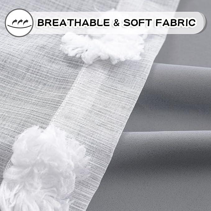 MYSKY HOME 90 Inch Long Grey Curtains for Living Room Double Layer Blackout Curtains for Boys Bedroom White Pom Pom Sheer Curtains for Kids Room Darkening Grommet Top Nursery Window Panels 52 x 90 in