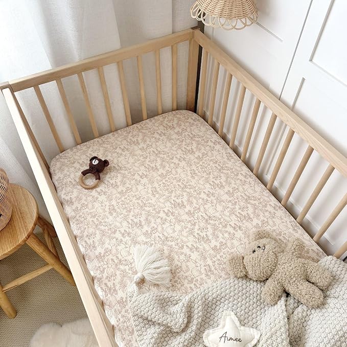 BuLuTu Muslin Pack and Play Sheets Fitted, 38"x26", 2 Pack Mini Crib Sheets for Pack N Play Mattress, Soft Breathable Baby Mattress Sheets Fitted Playard Sheets, Beige & Forest