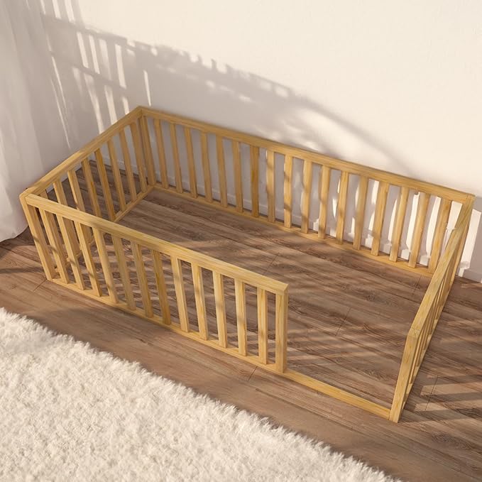 Montessori Floor Bed for Kids 60'' x 80'' Queen | Toodlers Floor Bed with Safety Guardrails | Pine Wood Baby Bed | Sturdy Wood Frame Bed for Girls and Boys (Queen, Height : 23.6 Inches)