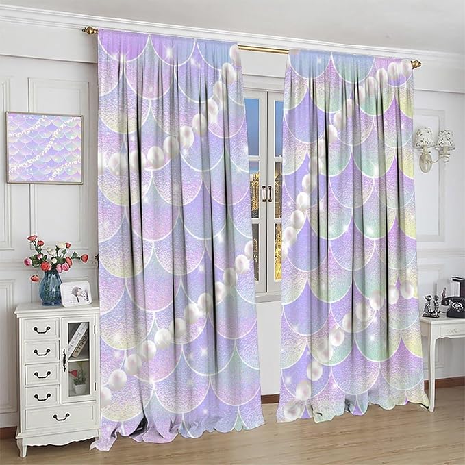 Mermaid Curtains, Gradient Color Pink Purple Pearl Ocean Theme Mermaid Fish Scale Print Decoration Suitable for Children Girls Bedroom Nursery Curtains 52x84 Inch