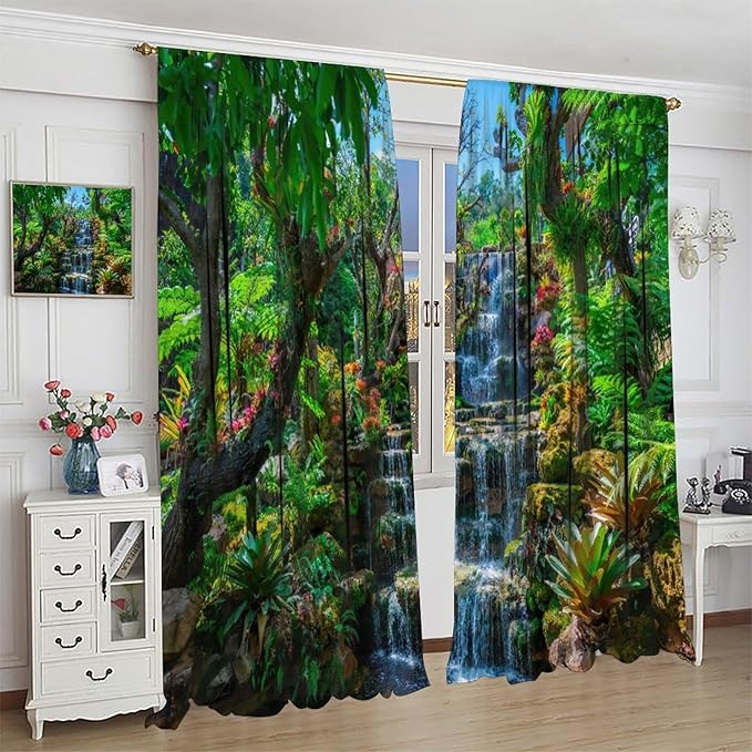 Waterfall Blackout Window Curtains, Spring Forest Nature Landscape Theme Pattern Print Window Drapes, for Living Room Bedroom 72x63in 2 Panels