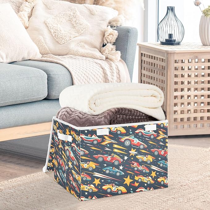 senya Large Storage Bins with Linen Collapsible Foldable Storage Cubes Fabric Closet Organizer Containers box with Flip-Top Lid for Home Bedroom Office 16.7 x 12.6 x 11.8in (Racing Car)