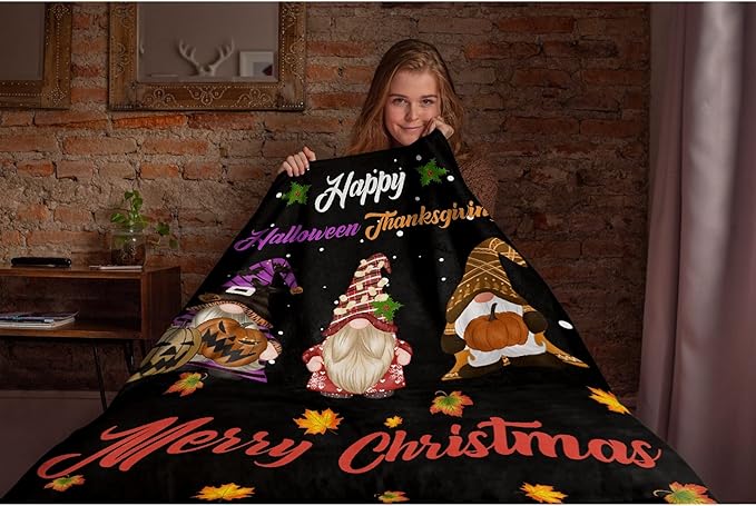 Thuswarm Happy Halloween Thanksgiving Christmas Flannel Throw Blanket Soft Warm Gnomes Print Blankets for Bed Couch Sofa Room Decoration Gifts 50”×40” Small for Kid