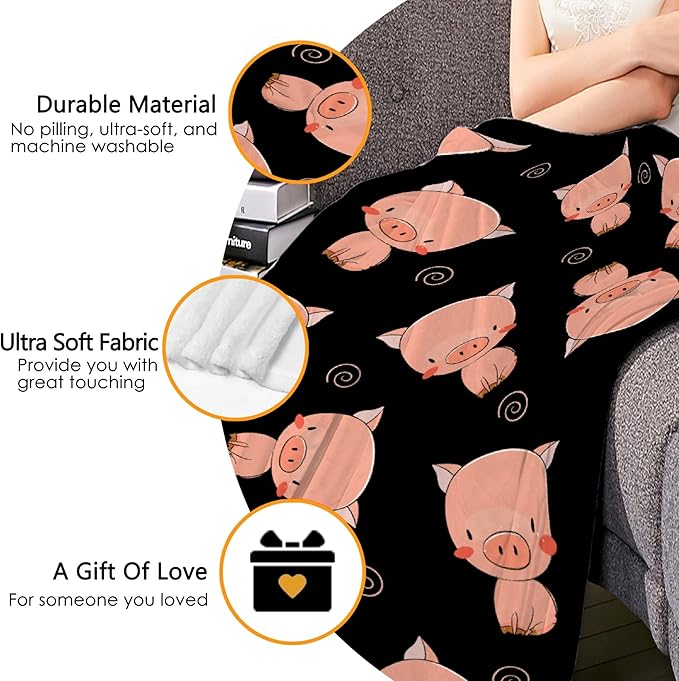 Thuswarm Cute Piggy Kawaii Pig Black Flannel Throw Blanket Warm Cozy Soft Funny Print Blankets for Bed Couch Sofa Room Decoration Gifts 50"×40" Small for Kid