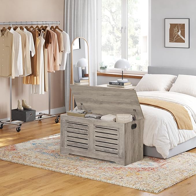 DINZI LVJ Storage Chest, Flip-Top Wooden Toy Box with 2 Safety Hinges, Entryway Shoe Storage Bench, Sturdy Large Storage Trunk for Living Room, Bedroom, Easy Assembly, Greige