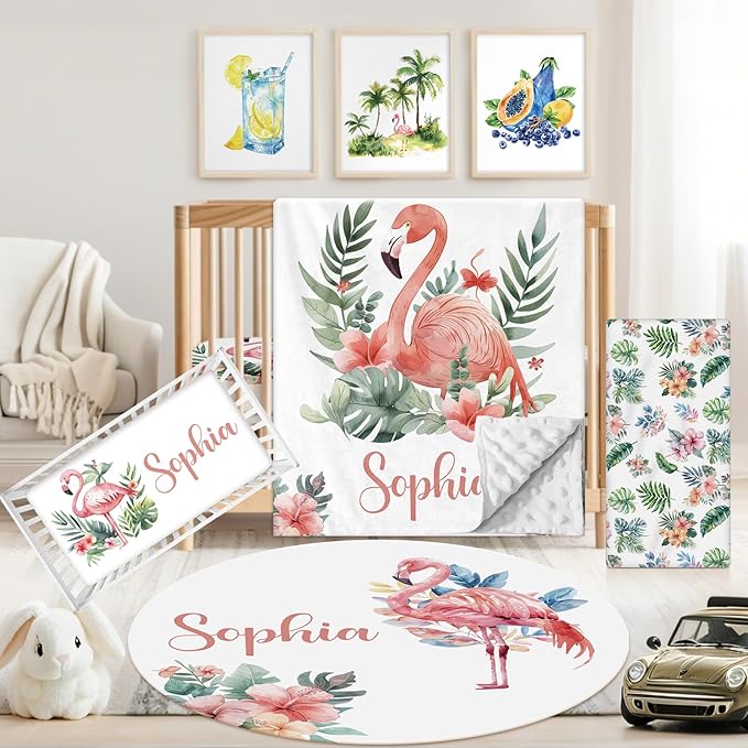 Personalized Baby Crib Bedding Set, 5 Pcs Custom Name Nursery Bedding Set for Girls Boys, Flamingo Baby Crib Set for Toddlers Infants, Double Layer Bedding Crib Sets Customized Gifts