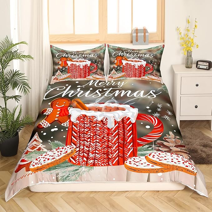 Manfei Christmas Duvet Cover Set Full Size, Snowflake Pine Print Comforter Cover with 2 Pillowcases, New Year Theme Bedding Set 3pcs for Kids Boys Girls Bedroom Decor,No Comforter