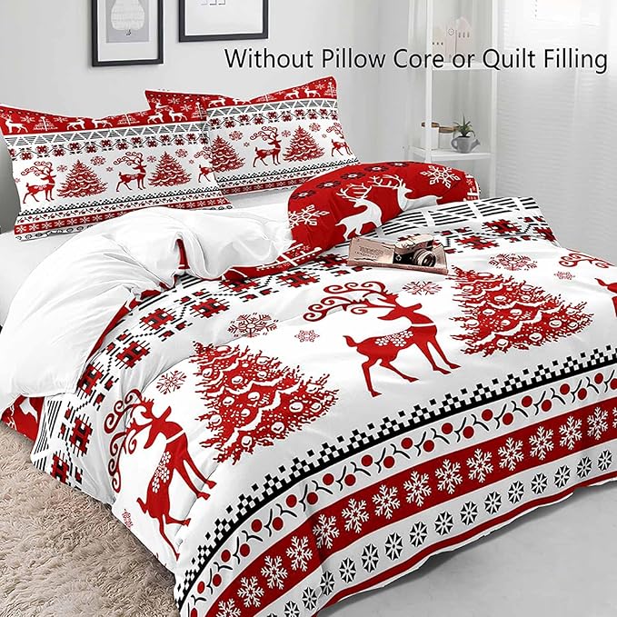 LUVIVIHOME 3PCS Christmas Duvet Cover Full Bedding Set, Red and White Striped Duvet Cover, Reindeer Deer Christmas Tree Snowflake Winter Holiday Xmas New Year Christmas Comforter Cover, 2 Pillow Shams