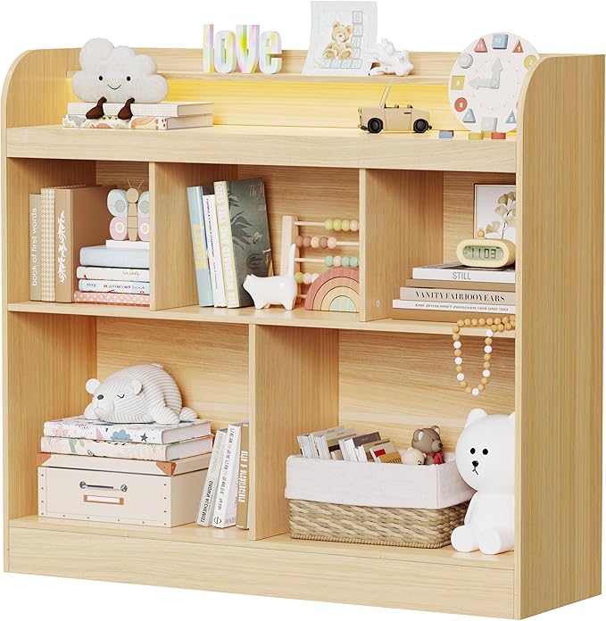 Lkeiyay Open Shelf Kids Bookcase，Montessori Toy Organizer with LED Lights - Oak Wooden Open Bookcase for Kids, Bedroom, Back to School，Playrooms & Nurseries
