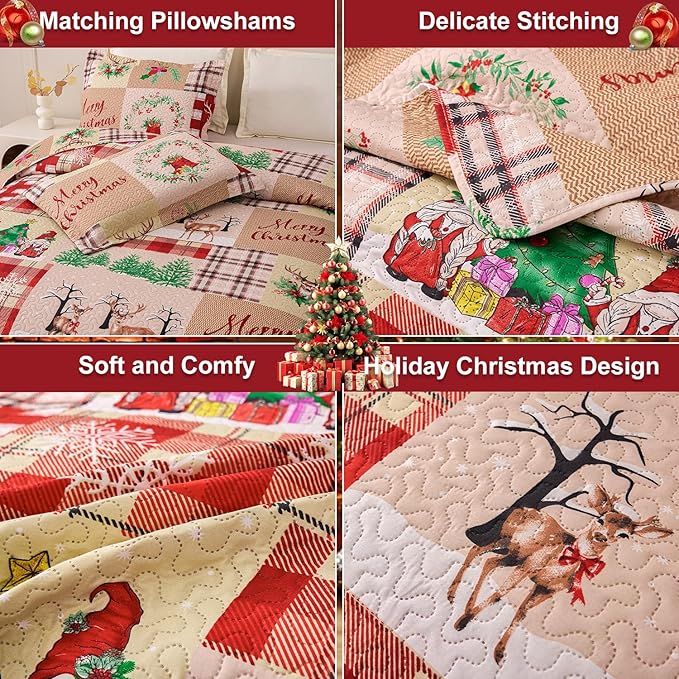 Christmas Bedding Set Queen Christmas Quilt Bedspread,Gnome Santa Claus Plaid Patchwork Xmas Quilt Set Bedding Holiday Christmas Quilts Decor Gift Elk Pattern Lightweight Reversible Bedspread Coverlet