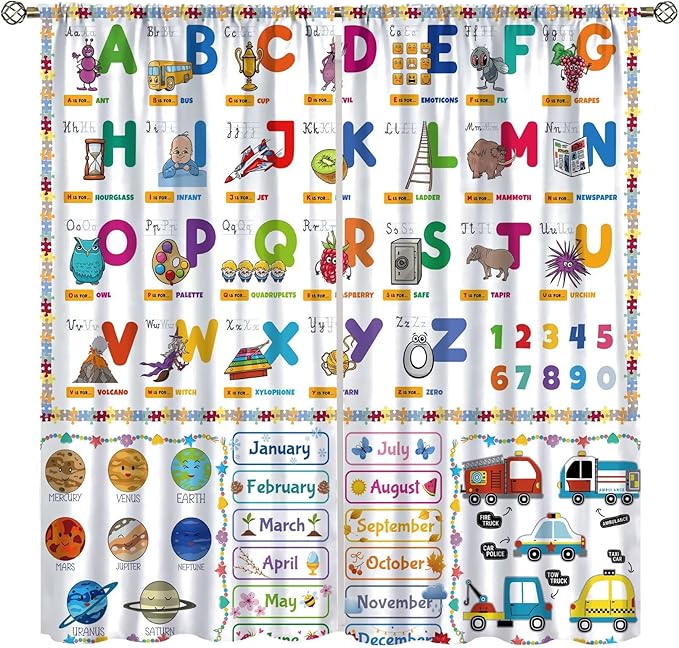 Alphabet Curtain for Kids Room ABC Letter Educational Learning Animal Number Printed Rod Pocket Blackout Window Drapes for Bedroom Playroom Classroom 42" W X 54" L