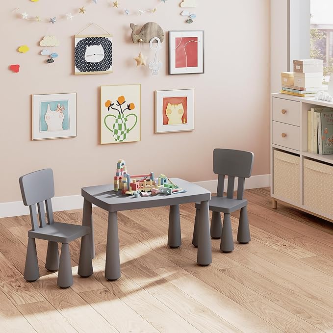 HONEY JOY Kids Table and Chair Set, Plastic Children Activity Table and 2 Chairs for Art Craft, Easy-Clean Tabletop, 3-Piece Toddler Furniture Set for Daycare Playroom, Gift for Boys Girls (Grey)
