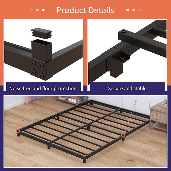 4 inch Cal King Bed Frame Low Profile, California King Bed Frames No Box Spring Needed, Heavy Duty Metal, Easy Assembly, Black