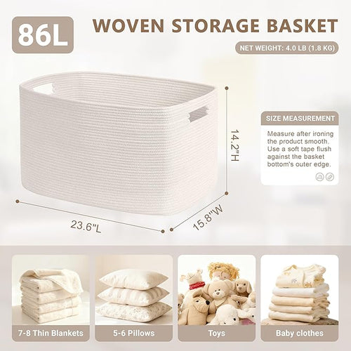 86L Large Baby Girls Laundry Basket for Nursery Storage,Cute Woven cotton Rope Baskets for Kids Toy，Gifts, Boho Square Wicker Blanket hamper for Living Room,Bedroom Dirty Clothes, White