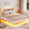 ADORNEVE Queen Bed Frame with LED Lights, Princess Velvet Upholstered Platform Bed for Girls, Headboard with Charging Station & Guardrail & Crystal Button, No Box Spring Needed, Beige