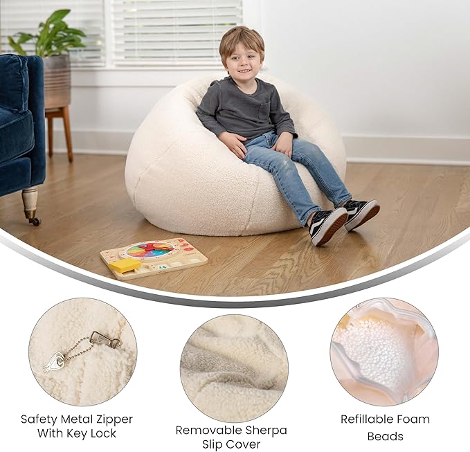EMMA + OLIVER Daisy Sherpa Bean Bag Chair, Classic Refillable Bean Bag Chair for Kids and Teens, Small, Natural