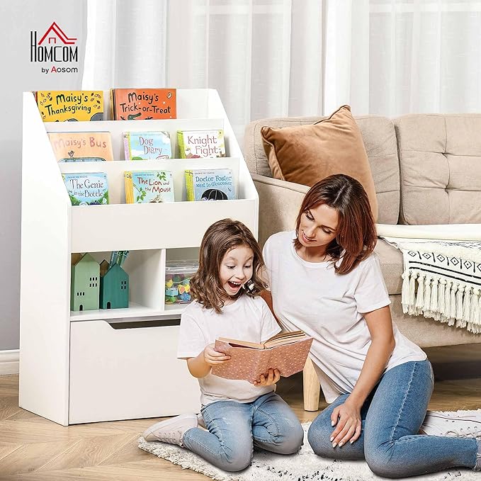 HOMCOM Kids Bookcase Multi-Shelf Rack Organizer with Storage Drawer for Books, Playroom, White