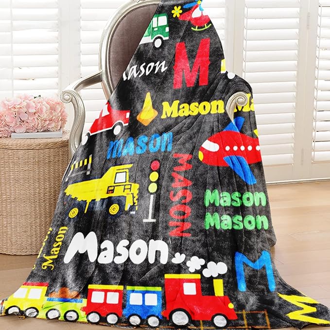 Personalized Blanket with Name for Boys, City Car Transport Custom Name Blanket, Soft Flannel Toddler Blankets Customized Gift for Newborn Baby Shower Birthday-60 x80