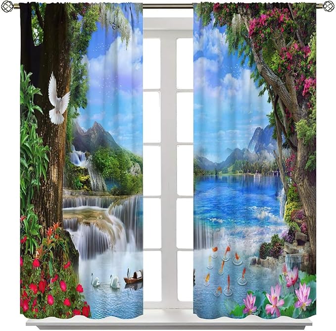 Spring Jungle Waterfall Blackout Window Curtains, Tropical Rainforest Floral Tree Waterfall Landscape Print Window Drapes, for Living Room Bedroom 84x84in