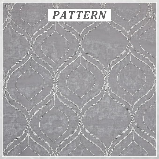 VISIONTEX Sheer Curtains 72 Inches Long 2 Panels Set Light Grey Moroccan Embroidered Curtains Trellis French Textured Rod Pocket Voile Tulle Semi Window Drapes for Bedroom Living Room 54 x 72 Inches